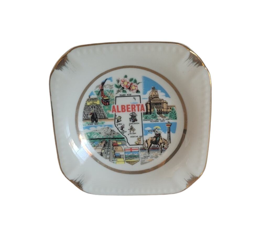 Alberta Ceramic Souvenir Plate Cigarette Ashtray Gold Trim